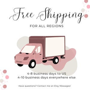 May include: A pink delivery truck illustration with a white cargo area. The text "Free Shipping" is at the top, with "FOR ALL REGIONS" below it. The image also includes the text "4-8 business days to US" and "4-10 business days everywhere else."