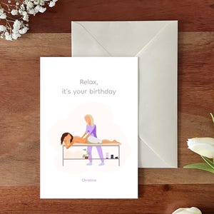 Aanpasbare verjaardagskaart voor massageliefhebbers | Linnenoptiek | Wenskaart voor liefhebbers van spa en wellness | Cadeau met ontspanningsthema