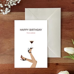 Biglietto di auguri per compleanno Espresso Martini / Amanti dell'Espresso Martini / Biglietto di auguri elegante per lei / Regalo per amanti dei cocktail / Biglietto con tacchi alti / Ottica in lino
