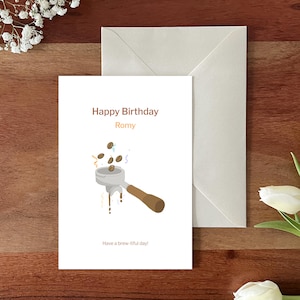 Tarjeta de cumpleaños personalizable para amantes del café / Tarjeta de café / Regalo de espresso con portafiltro / Óptica de lino / Tarjeta de felicitación minimalista / Día de la cerveza