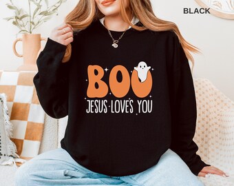 Christian Halloween Sweatshirt, Fun Fall Scripture, Boo Jesus Loves You, Crewneck for Church Group, Pullover, Halloween Costume