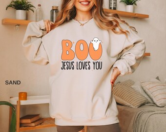 Boo Christian Halloween Sweatshirt, Fun Fall Scripture, Jesus Loves You Crewneck, Church Group Religious Pullover, Halloween Costume