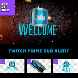 Può includere: Un avviso di abbonamento Twitch Prime animato in blu e argento con un'icona di corona e il testo "WELCOME" e "TWITCH PRIME".