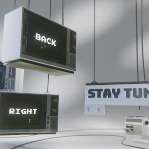 May include: Three vintage televisions with black and white screens hanging from the ceiling. The screens display the words "BE", "RIGHT", and "BACK". A white sign with black text reads "STAY TUNED!" hanging below the televisions.
