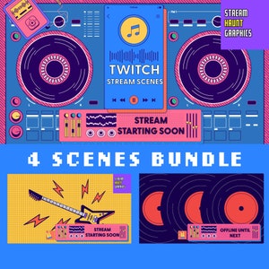 Zestaw 4 Funky Cartoon Twitch Streaming Overlays | Konsola DJ | Jasne kolory | Transmisja rozpoczyna się wkrótce, zaraz wracam, kończy się teraz, offline
