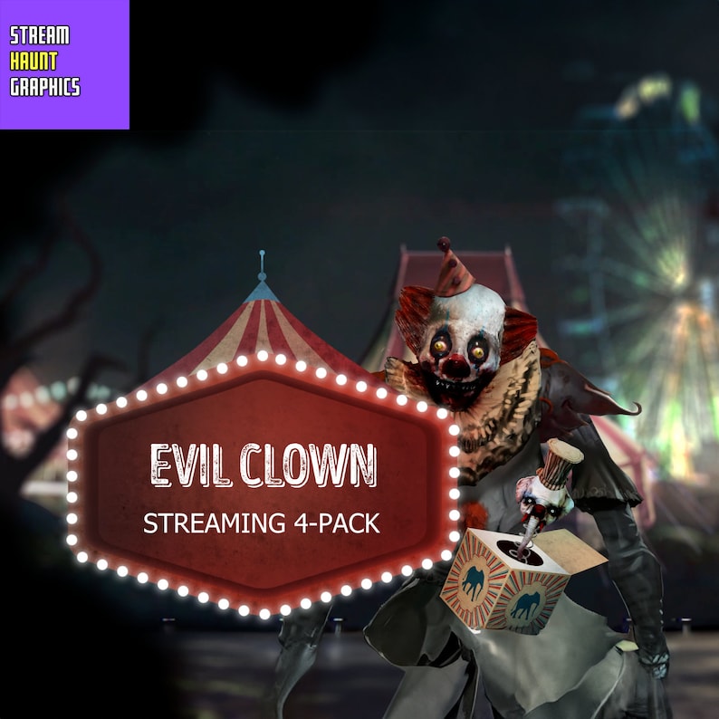 Evil Clown Spooky Circus Streaming Overlay Bundle – 4 Animated Scenes with Blurred Circus Tent, Jump Scare Clown, and Eerie Music