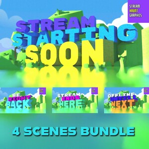 Bündel von 4 Fröhlich Cartoon niedlich 3D Stream Overlays für TwitchAlerts - Start bald, Be Right Back, Stream Endet hier, Offline