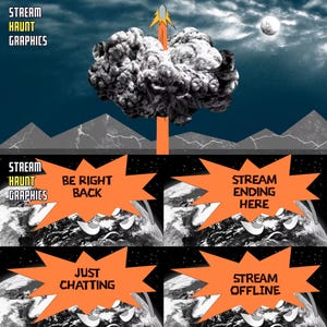 Puede incluir: Un collage de cuatro burbujas de diálogo naranja en forma de estrella con texto en su interior, cada una con una imagen en blanco y negro de la Tierra detrás. El texto en las burbujas de diálogo dice: "Be Right Back", "Stream Ending Here", "Just Chatting", y "Stream Offline".