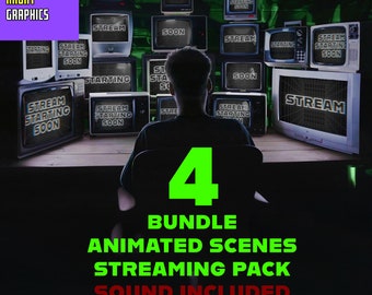 May include: A person sits in front of a wall of televisions, each displaying a green and black animated graphic that says "Stream Starting Soon". The text "4 Bundle Animated Scenes Streaming Pack Sound Included" is displayed in green and red text below the televisions.