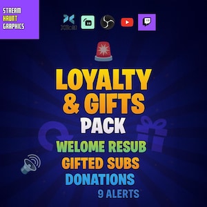 Bundle Of 9 Loyalty & Gifts Alert Pack | Resub, Gifted Subs, Donation Alerts | 9 Animated WEBM + MOV ProRes Files + Sound Effects Included