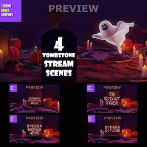 Bundle mit 4 lustigen Halloween Horror Friedhof Stream Overlays Szenen - Start, Be Right Back, Ende, und Online - 3D Cartoon Stil