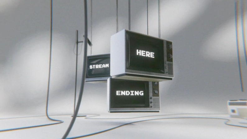 May include: Three vintage television sets hanging from the ceiling with cords. The screens display the words "STREAM", "HERE", and "ENDING".