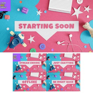 Pacchetto di sovrapposizioni di flusso animato in cartone colorato – Inizio a breve, BRB, Solo chat, Fine e offline – Stile divertente ritaglio di carta (8,8 s, Loop)
