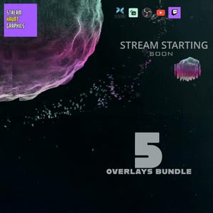 Puede incluir: Diseño gráfico digital para streaming. La imagen presenta un diseño abstracto púrpura y rosa con el texto "STREAM HAUNT GRAPHICS" en un cuadro púrpura. Las palabras "STREAM STARTING SOON" también son visibles, junto con el número "5" y "OVERLAYS BUNDLE".