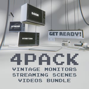 May include: A 4-pack of vintage monitor streaming scenes video bundle. The image shows four old-style televisions with text on the screens: "STREAM", "STARTING", "SOON", and "GET READY!"