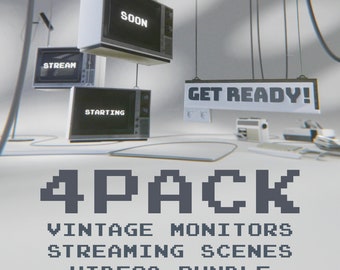 May include: A 4-pack of vintage monitor streaming scenes video bundle. The image shows four old-style televisions with text on the screens: "STREAM", "STARTING", "SOON", and "GET READY!"