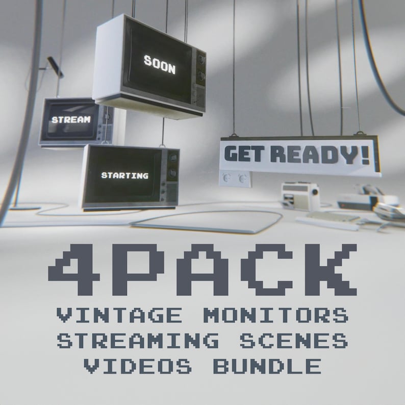 May include: A 4-pack of vintage monitor streaming scenes video bundle. The image shows four old-style televisions with text on the screens: "STREAM", "STARTING", "SOON", and "GET READY!"
