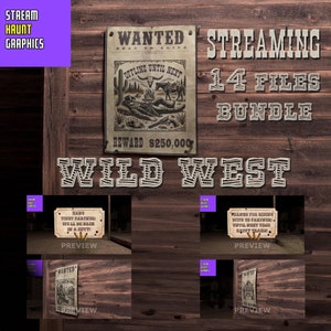 Op de afbeelding: Een digitale illustratie van een gezochtposter met een cowboy die op de grond zit. De poster is geplaatst tegen een houten achtergrond met de tekst "Streaming 14 Files Bundle Wild West".