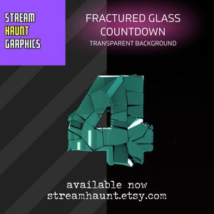 May include: A teal fractured glass number four graphic against a black and grey striped background. The text "Fractured Glass Countdown Transparent Background" is above the number. The Stream Haunt Graphics logo is in the upper left.