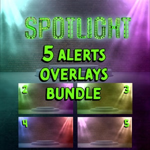 Puede incluir: Un gráfico digital con la palabra "SPOTLIGHT" en verde, letras iluminadas. Debajo, el texto dice "5 ALERTS OVERLAYS BUNDLE". La imagen incluye cinco gráficos más pequeños con escenarios tipo escenario, cada uno con un foco de diferente color.