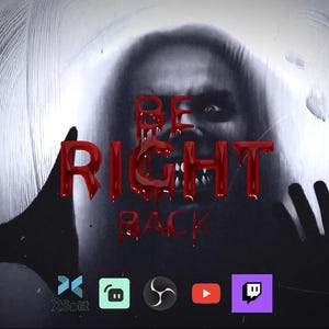 Puede incluir: Gráfico digital con temática de terror. La imagen presenta un rostro borroso en escala de grises con las palabras "BE RIGHT BACK" en letras rojas goteando. Un hacha y manos están silueteadas en primer plano. El texto "STREAM HAUNT GRAPHICS" está en un cuadro morado.