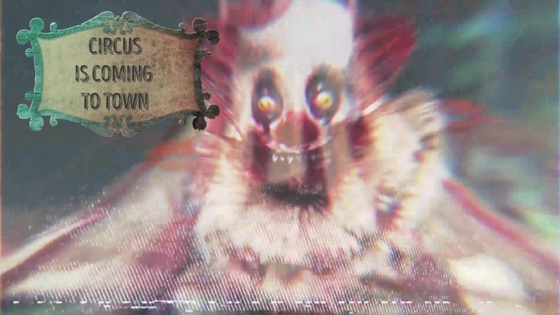 Evil Clown Spooky Circus Streaming Overlay Bundle – 4 Animated Scenes with Blurred Circus Tent, Jump Scare Clown, and Eerie Music