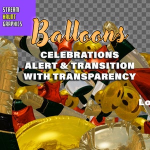 Peut inclure: Un ensemble de ballons colorés de différentes formes et tailles, y compris des étoiles, des visages souriants et des ballons longs et fins. Les ballons sont disposés en pile, certains se chevauchant. Le texte "Balloons Celebrations Alert & Transition with Transparency" est visible en haut de l'image.