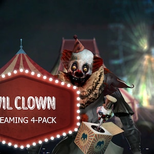 Evil Clown Spooky Circus Streaming Overlay Bundle – 4 Animated Scenes with Blurred Circus Tent, Jump Scare Clown, and Eerie Music