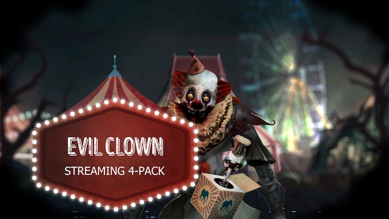 Evil Clown Spooky Circus Streaming Overlay Bundle – 4 Animated Scenes with Blurred Circus Tent, Jump Scare Clown, and Eerie Music