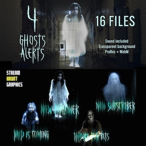 Puede incluir: Cuatro alertas de fantasmas animados para streaming. Las alertas presentan un fantasma blanco con un vestido largo blanco, un fantasma blanco con un vestido largo blanco, un fantasma blanco con un vestido largo blanco y un fantasma blanco con un vestido largo blanco. El texto "NEW FOLLOWER", "NEW SUBSCRIBER", "RAID IS COMING" y "THANKS FOR BITS" se muestra debajo de cada fantasma. El texto "4 GHOSTS ALERTS" se muestra en la esquina superior izquierda de la imagen. El texto "16 FILES" se muestra en la esquina superior derecha de la imagen. El texto "Sound included Transparent background ProRes + WebM" se muestra en la esquina inferior derecha de la imagen.