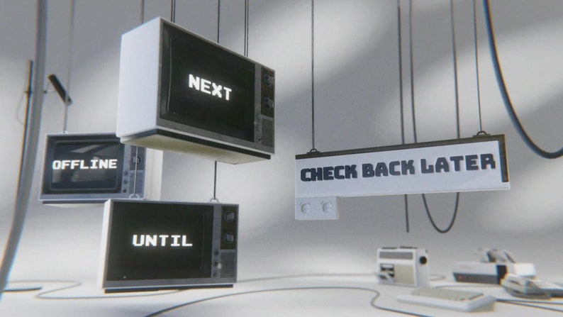 May include: A white room with several old televisions hanging from the ceiling. The televisions have different messages on them, including "Offline", "Next", "Until", and "Check Back Later".