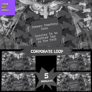 Corporate Overlord Loop Stream Overlay Pack – 5 Retro Horror Animated Status Screens | 12s MP4 Loops in 1080p for OBS, Twitch & YouTube