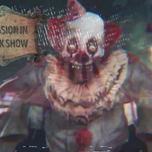 Evil Clown Spooky Circus Streaming Overlay Bundle – 4 Animated Scenes with Blurred Circus Tent, Jump Scare Clown, and Eerie Music