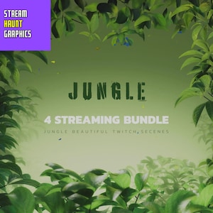 May include: A digital illustration of a jungle scene with the text "JUNGLE 4 STREAMING BUNDLE JUNGLE BEAUTIFUL TWITCH SCENES" in white text on a green background.