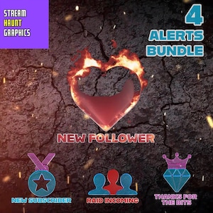 Bundle of 4 Fire Burning Alert Animations | New Follower, Subscriber, Raid, and Thanks for Bits Transparent Background, 7.9 Second Animation