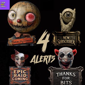 Op de afbeelding: Vier griezelige Halloween-meldingen voor Twitch-streams. De meldingen tonen een griezelige pop, een losse hand die een oogbal vasthoudt, een clown met een brede grijns en een bord met de tekst "Bedankt voor de Bits".