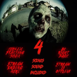 Puede incluir: Un gráfico rojo y negro con el número 4 en una fuente roja grande. El texto "SCENES SOUND INCLUDED" está debajo del número 4. El texto "STREAM STARTING SOON" está en la esquina superior izquierda. El texto "STREAM ENDING HERE" está en la esquina inferior izquierda. El texto "BE RIGHT BACK" está en la esquina superior derecha. El texto "STREAM IS OFFLINE" está en la esquina inferior derecha.