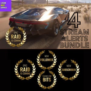 Puede incluir: Un conjunto de cuatro alertas de transmisión doradas para Twitch o YouTube. Las alertas incluyen un nuevo seguidor, un nuevo suscriptor, una incursión épica está en camino y gracias por los bits. Las alertas se muestran sobre un fondo negro con una imagen borrosa de un automóvil deportivo en el fondo.