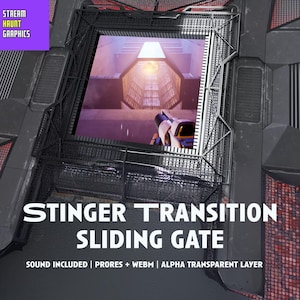 以下が含まれることがあります： 未来的なスライドゲートトランジションのデジタルグラフィック。画像は「STINGER TRANSITION SLIDING GATE」というテキストが入った、詳細な金属構造を示しています。背景には明るく照らされた廊下があります。グラフィックには「SOUND INCLUDED | PRORES + WEBM | ALPHA TRANSPARENT LAYER」というテキストが含まれています。