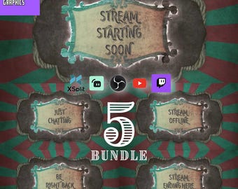 Op de afbeelding: Een set van vijf vintage-stijl stream overlays met een groen en rood kleurenschema. De overlays bevatten tekst zoals "Stream Starting Soon", "Just Chatting", "Stream Offline", "Be Right Back" en "Stream Ending Here".