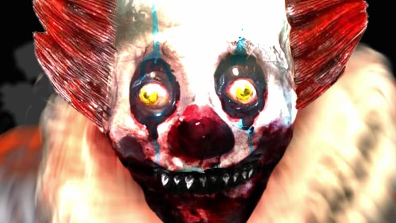 Evil Clown Spooky Circus Streaming Overlay Bundle – 4 Animated Scenes with Blurred Circus Tent, Jump Scare Clown, and Eerie Music