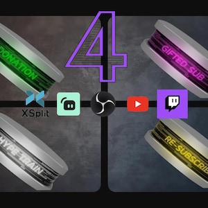 May include: Image featuring four stylized, silver-rimmed elements with text labels: "DONATION," "GIFTED SUB," "RE-SUBSCRIBER," and "HYPE TRAIN." The number "4" is centered above icons for XSplit, OBS, YouTube, and Twitch.