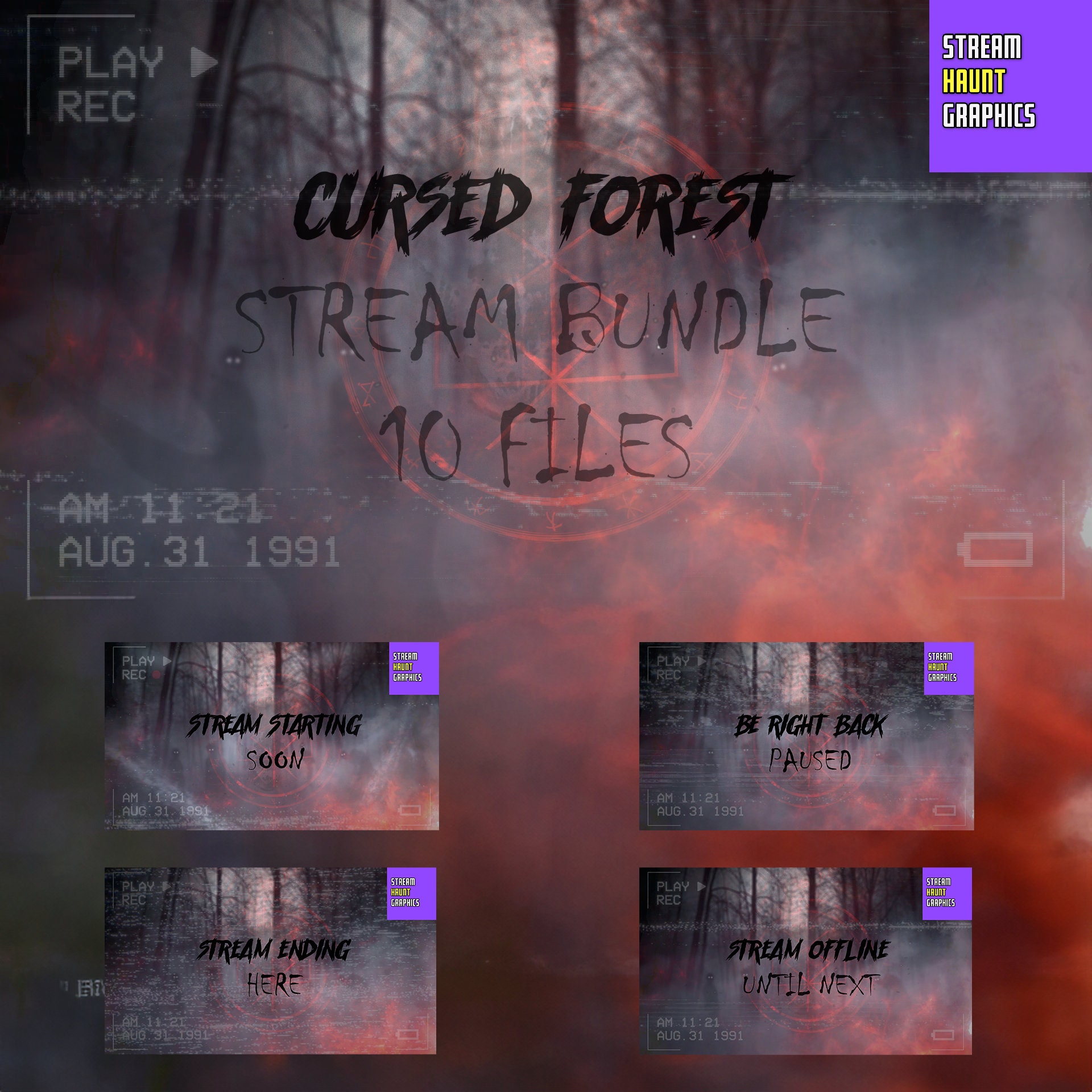 Cursed Forest of the Dead: Horror Stream Overlays 10 files Bundle Animation - Spooky VHS Overlay, Ghostly Whispers, Demonic Signs, and More