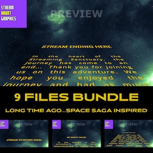 May include: A digital illustration of a space scene with stars and nebulae. The text "STREAM ENDING HERE" is displayed in yellow. Below the text is a yellow banner with the text "9 FILES BUNDLE" and the text "LONG TIME AGO...SPACE SAGA INSPIRED".
