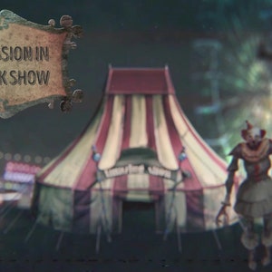 Evil Clown Spooky Circus Streaming Overlay Bundle – 4 Animated Scenes with Blurred Circus Tent, Jump Scare Clown, and Eerie Music