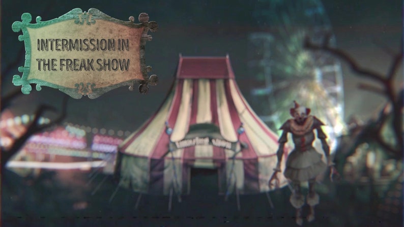Evil Clown Spooky Circus Streaming Overlay Bundle – 4 Animated Scenes with Blurred Circus Tent, Jump Scare Clown, and Eerie Music
