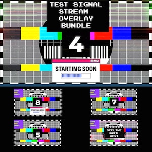 Può includere: Un set di quattro grafiche di sovrapposizione di streaming digitale con un design a schema di test televisivo retrò. Le grafiche includono testo come "Inizia a breve", "Fine dello streaming", "Torna presto" e "Offline fino al prossimo".