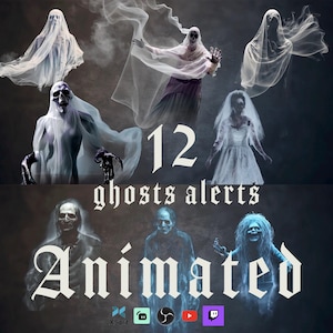 Op de afbeelding: Twaalf geanimeerde spookmeldingen voor streaming. De geesten staan in verschillende poses en zijn transparant. De tekst "12 ghosts alerts Animated" staat onderaan de afbeelding.