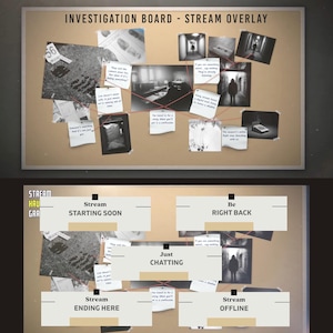 May include: A corkboard with a variety of black and white photos and notes. The corkboard is labelled "Investigation Board - Stream Overlay". Below the corkboard are five rectangular boxes with text that reads "Stream Starting Soon", "Stream Ending Here", "Just Chatting", "Be Right Back", and "Stream Offline".