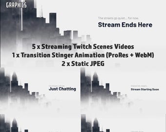 Dark City Stream Package: Animated Twitch Overlays & Stinger Transition
